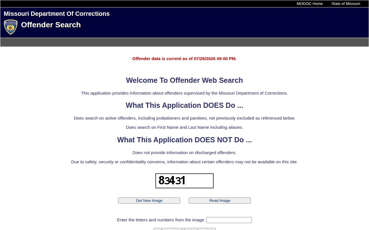 Missouri Department of Corrections active offender search page used for Audrain County