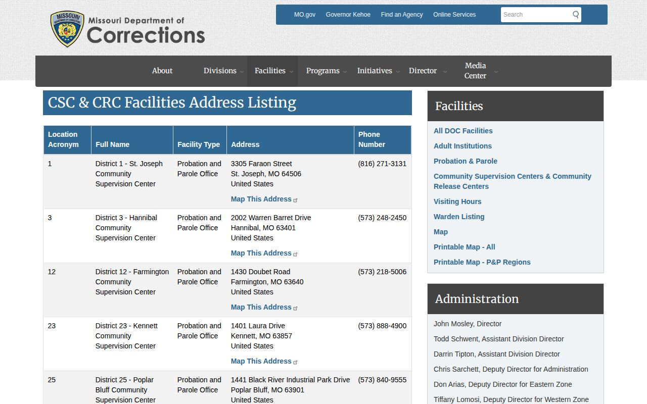 MODOC District 26 Fulton Community Supervision Center office listing