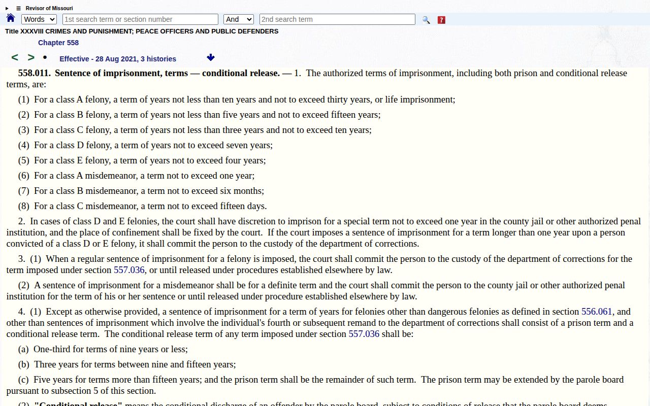 Missouri sentence law for an Audrain County projected release date