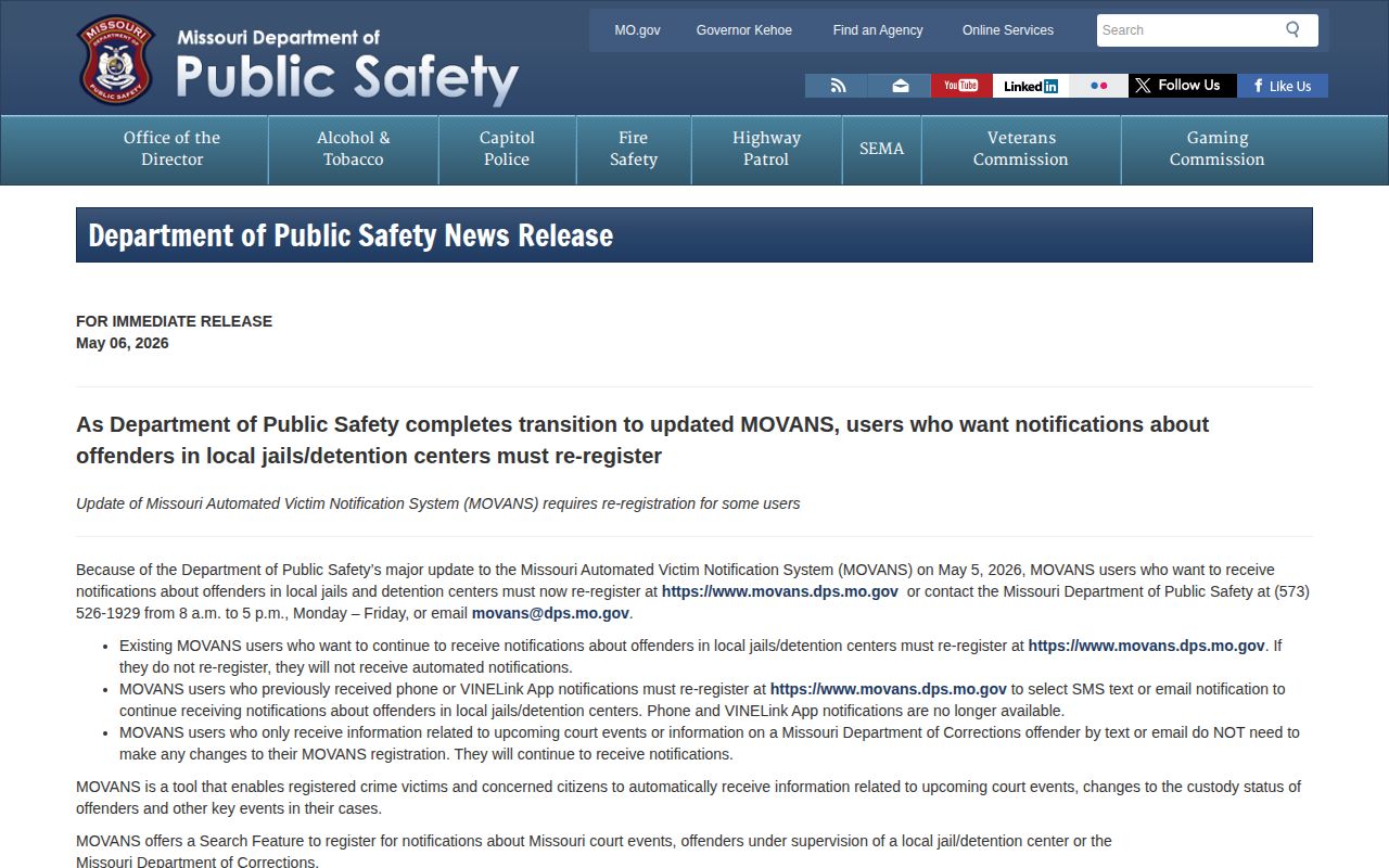 Audrain County VINELink inmate search May 2026 MOVANS transition